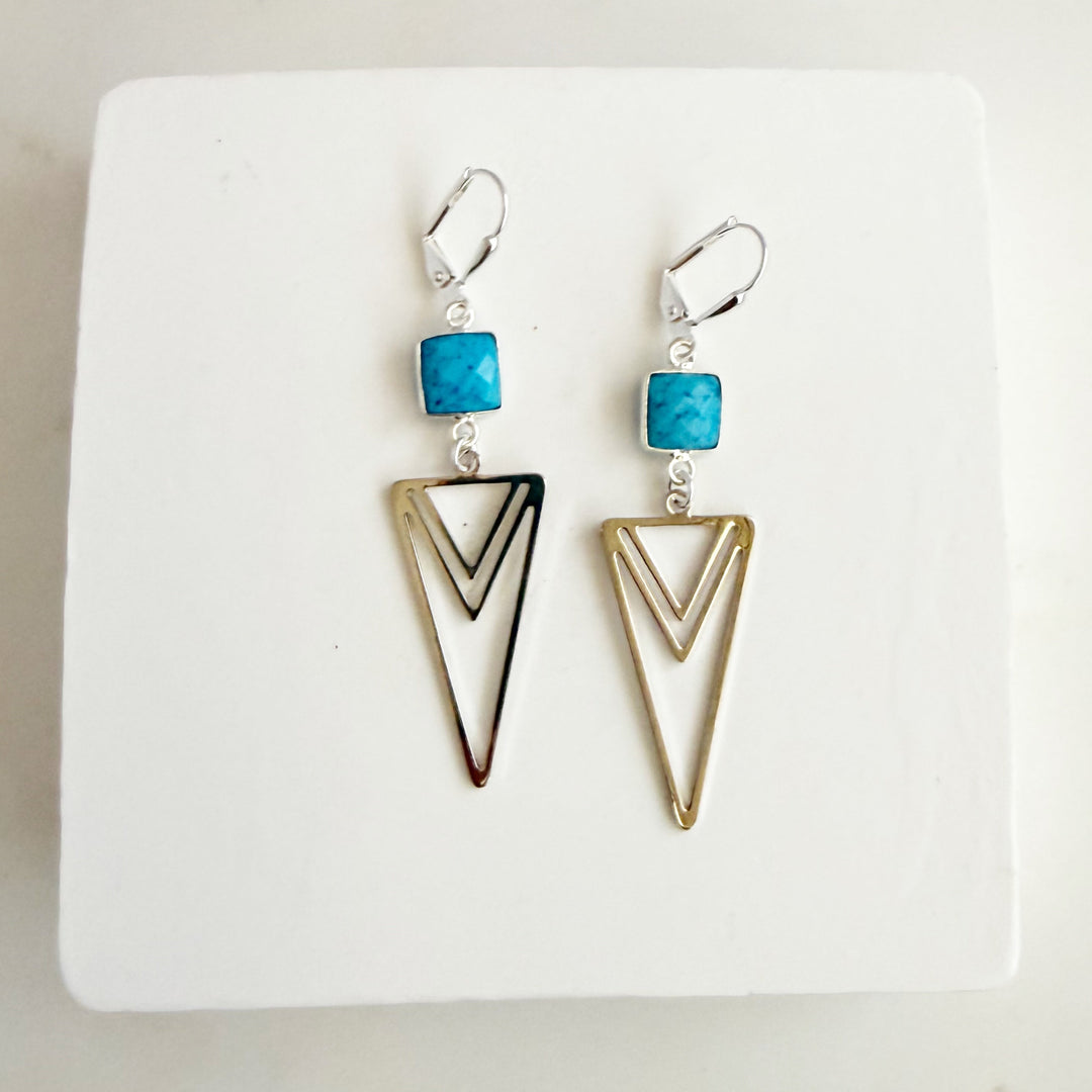 Turquoise and Layered Triangle Dangle Earrings in Smooth Silver