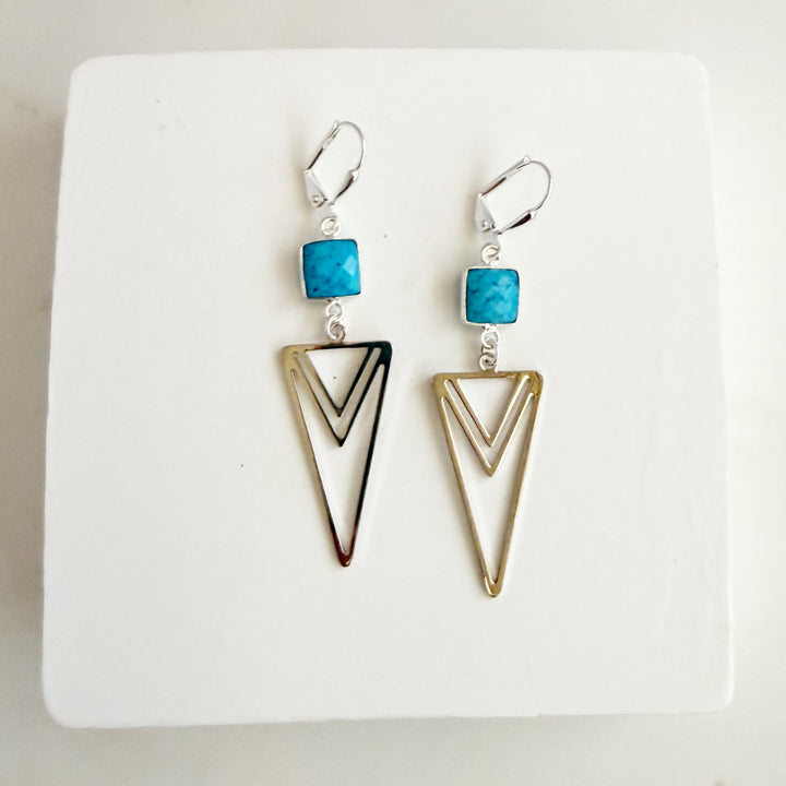 Turquoise and Layered Triangle Dangle Earrings in Smooth Silver