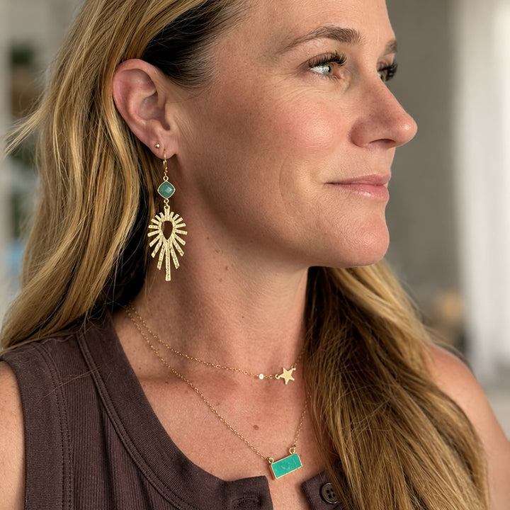 Amazonite Sunburst Statement Earrings in Brushed Gold