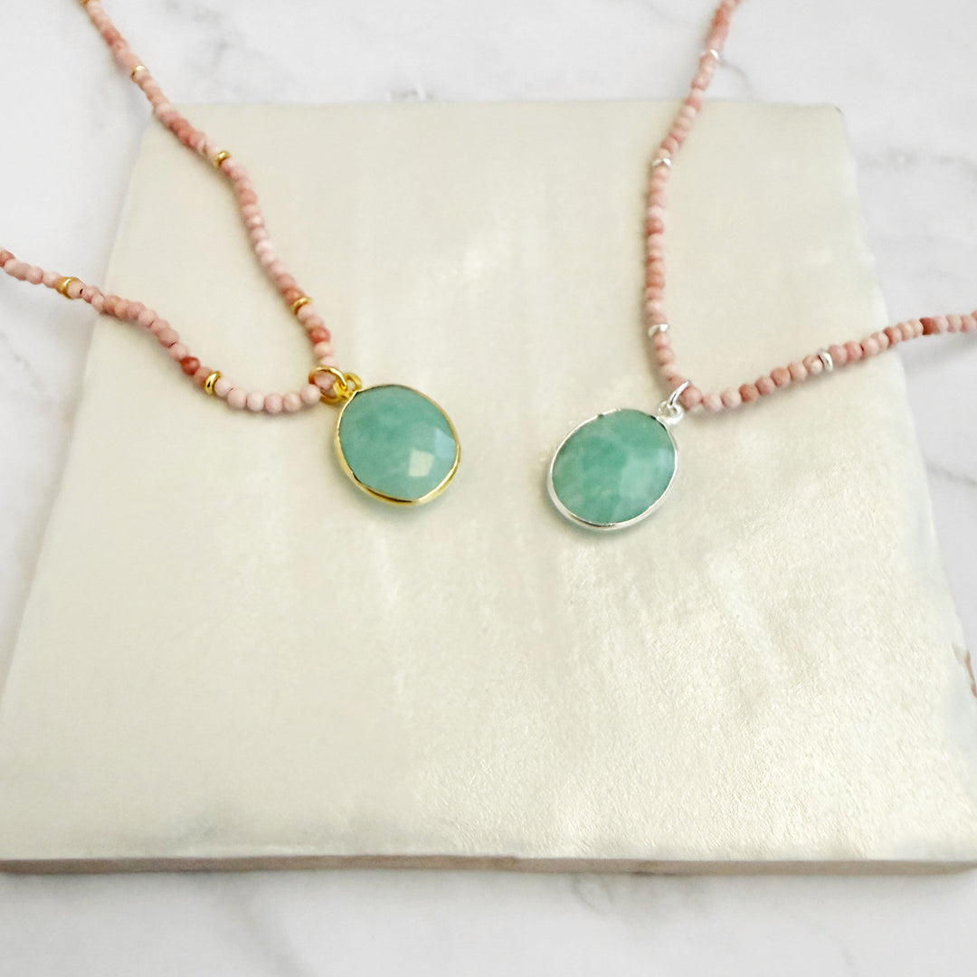 Amazonite Oval and Pink Opal Beaded Necklace