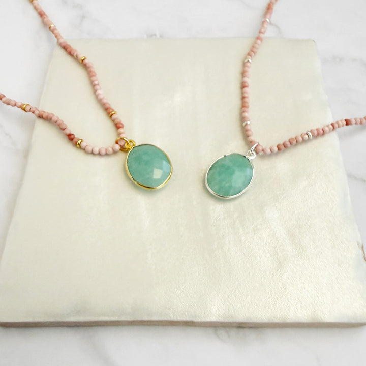 Amazonite Oval and Pink Opal Beaded Necklace