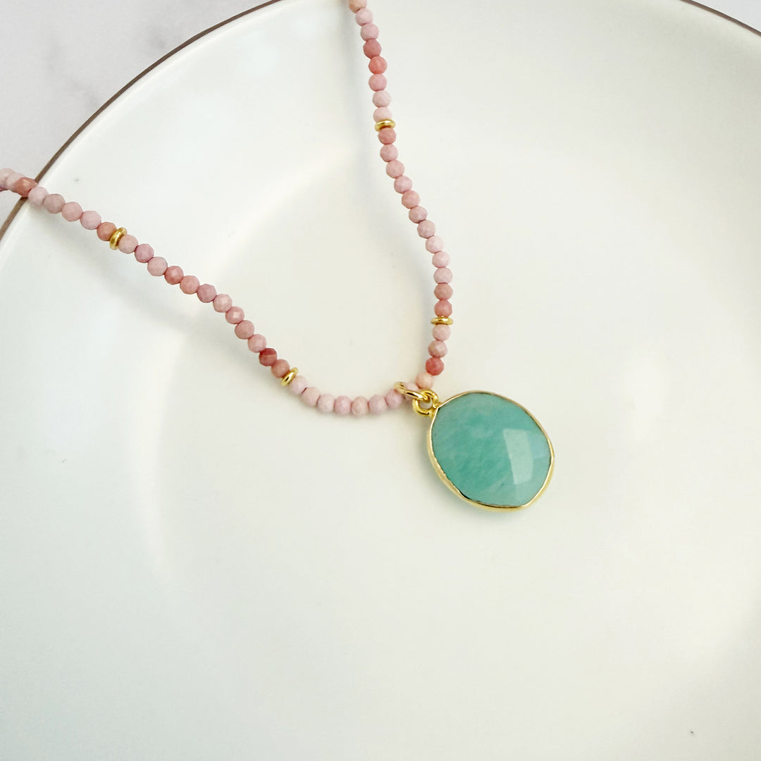 Amazonite Oval and Pink Opal Beaded Necklace