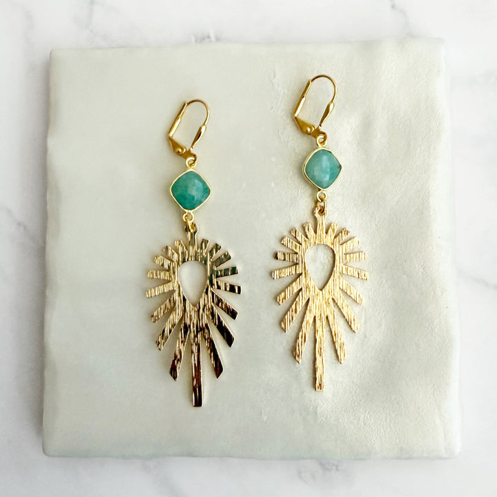 Amazonite Sunburst Statement Earrings in Brushed Gold