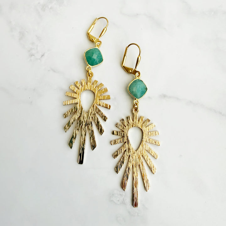 Amazonite Sunburst Statement Earrings in Brushed Gold