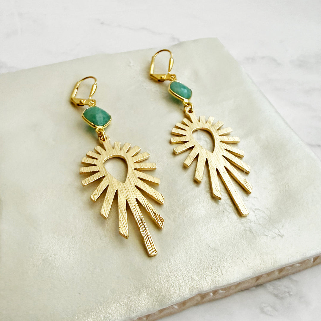 Amazonite Sunburst Statement Earrings in Brushed Gold
