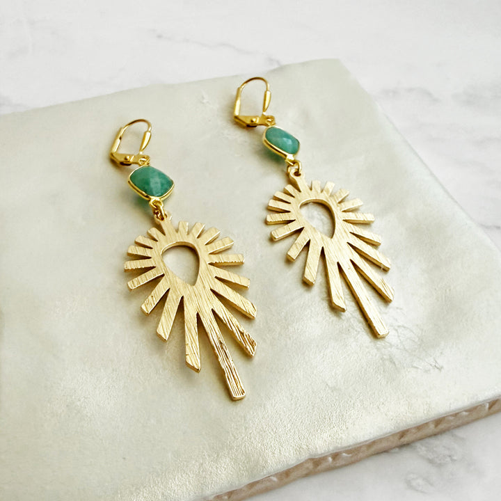 Amazonite Sunburst Statement Earrings in Brushed Gold