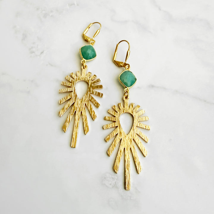 Amazonite Sunburst Statement Earrings in Brushed Gold