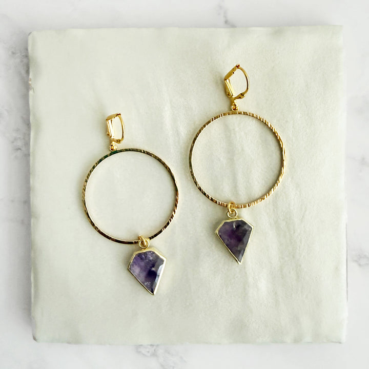 Amethyst Shield Hoop Earrings in Brushed Gold