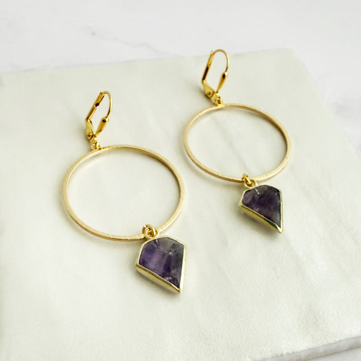 Amethyst Shield Hoop Earrings in Brushed Gold