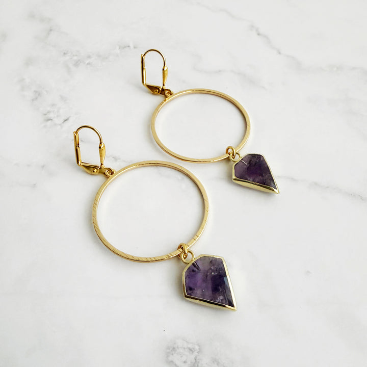 Amethyst Shield Hoop Earrings in Brushed Gold