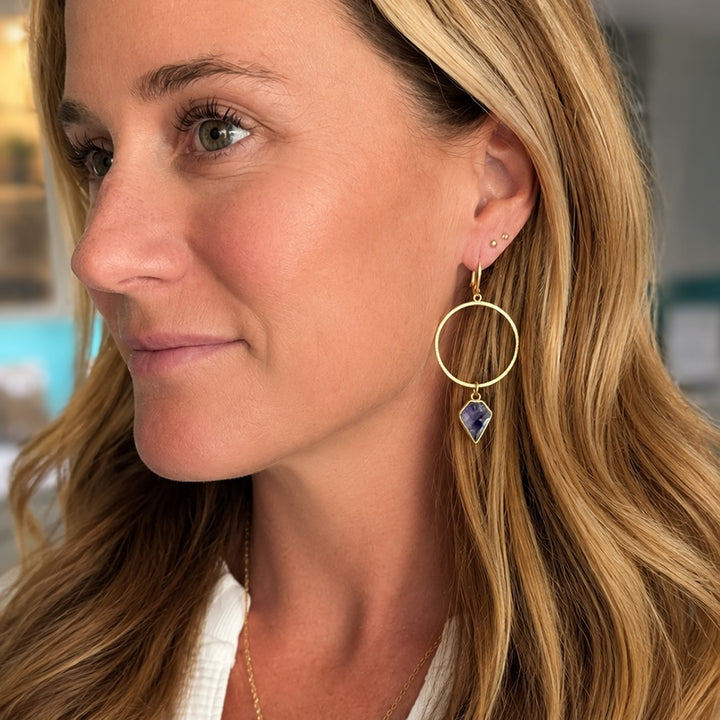 Amethyst Shield Hoop Earrings in Brushed Gold