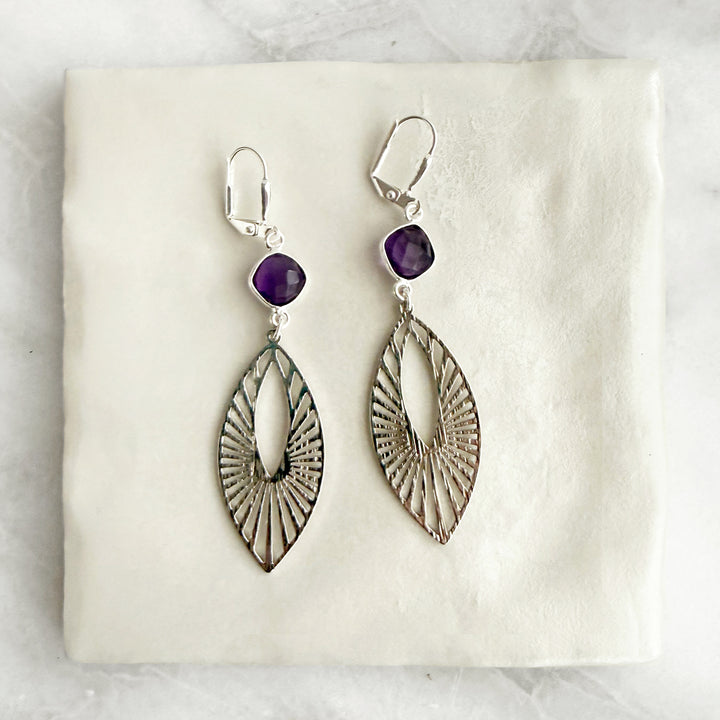 Amethyst Sunbeam Marquise Earrings in Brushed Silver