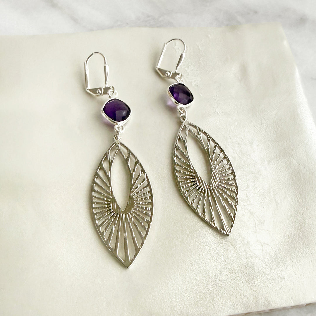Amethyst Sunbeam Marquise Earrings in Brushed Silver