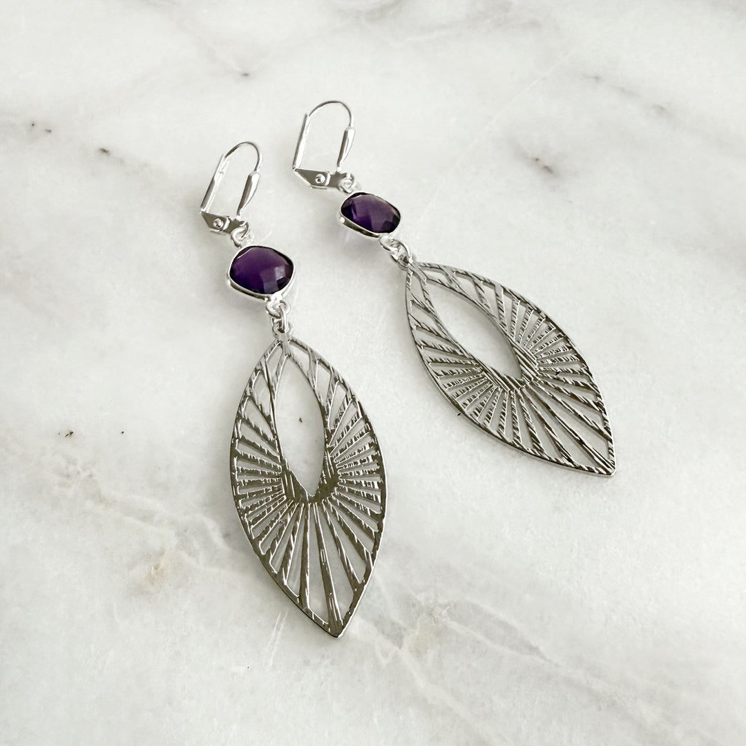 Amethyst Sunbeam Marquise Earrings in Brushed Silver