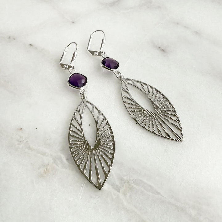 Amethyst Sunbeam Marquise Earrings in Brushed Silver