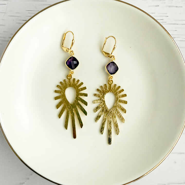 Amethyst Sunburst Statement Earrings in Brushed Gold