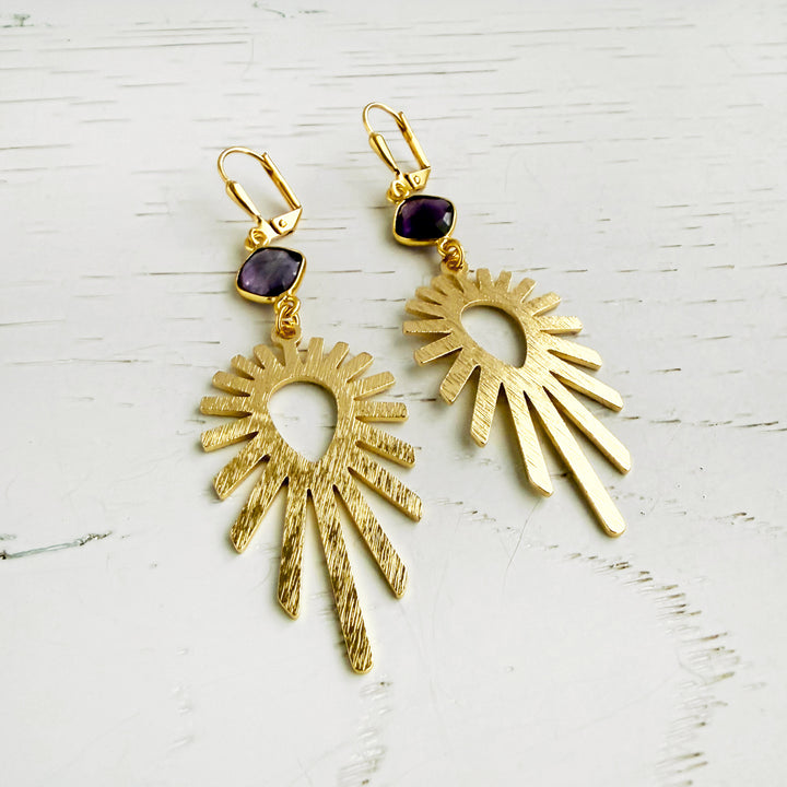 Amethyst Sunburst Statement Earrings in Brushed Gold