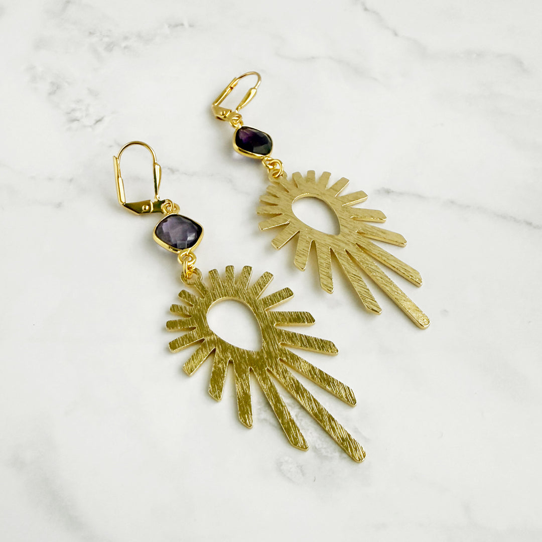 Amethyst Sunburst Statement Earrings in Brushed Gold