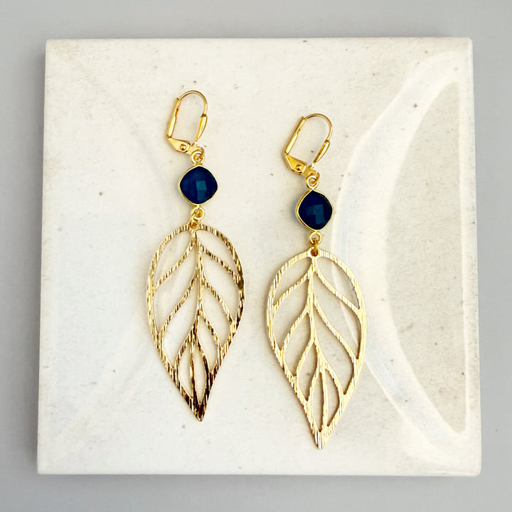Apatite Leaf Statement Earrings in Brushed Gold