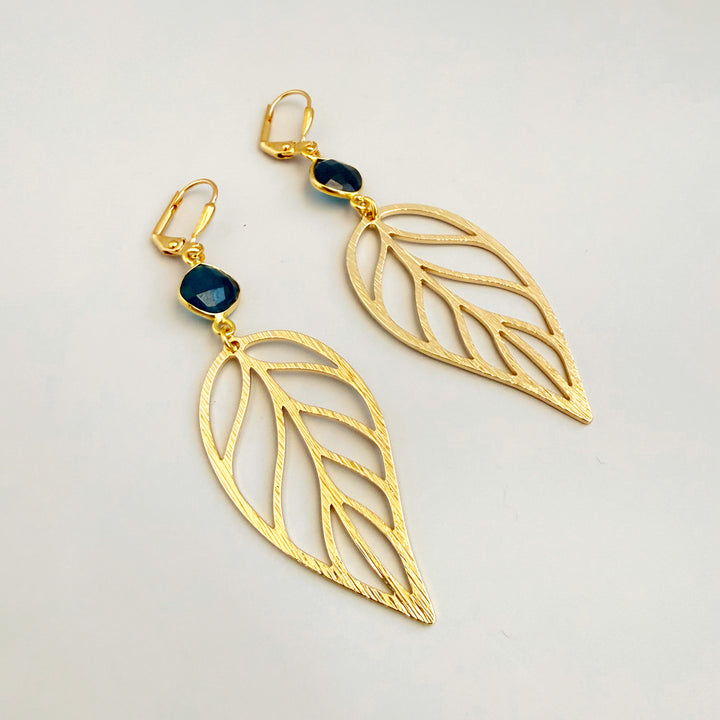 Apatite Leaf Statement Earrings in Brushed Gold