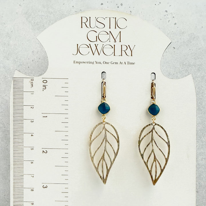 Apatite Leaf Statement Earrings in Brushed Gold