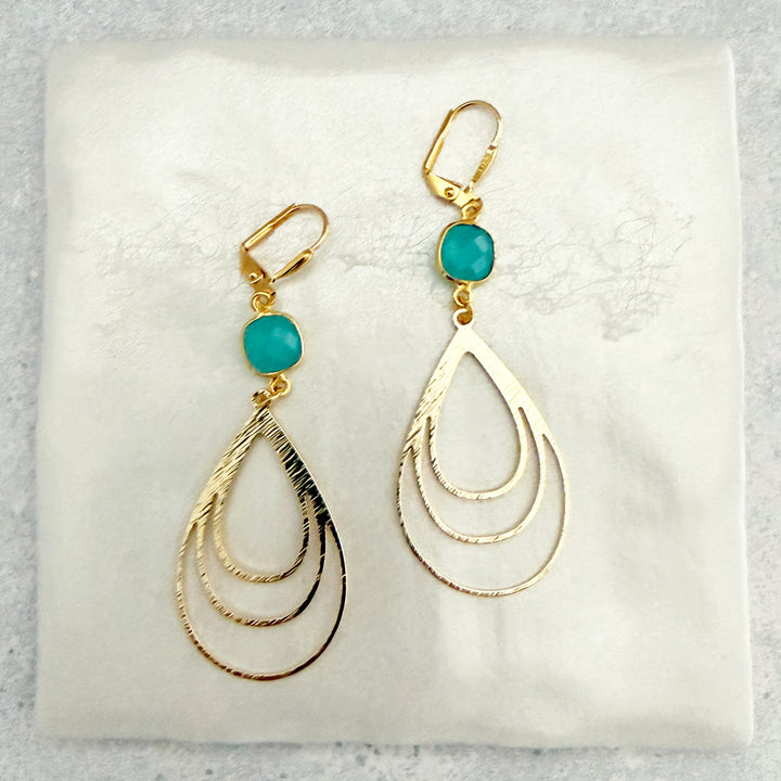 Aqua Chalcedony Layered Teardrop Earrings in Brushed Gold
