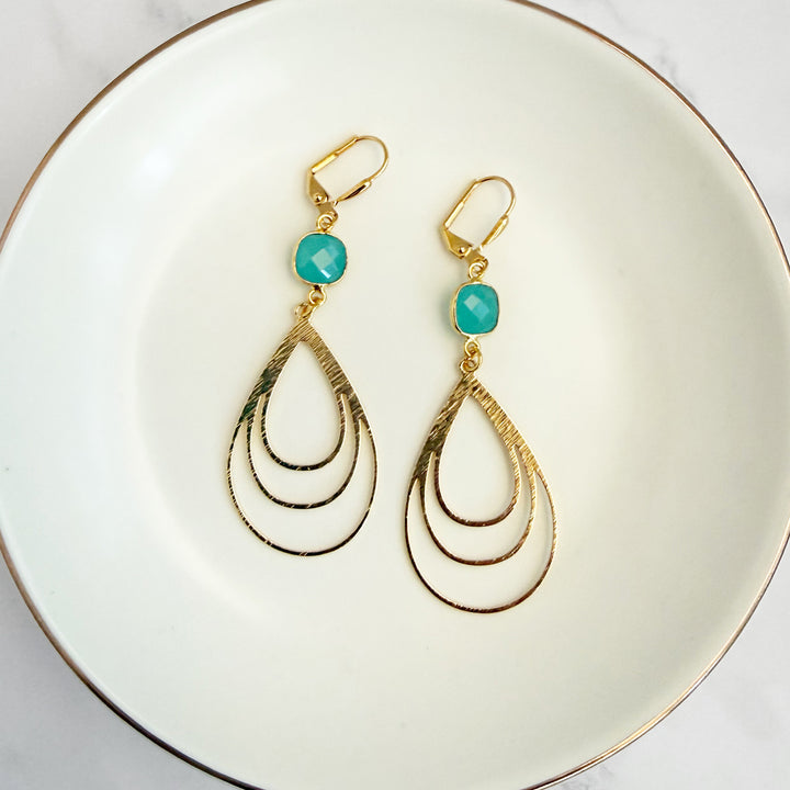 Aqua Chalcedony Layered Teardrop Earrings in Brushed Gold