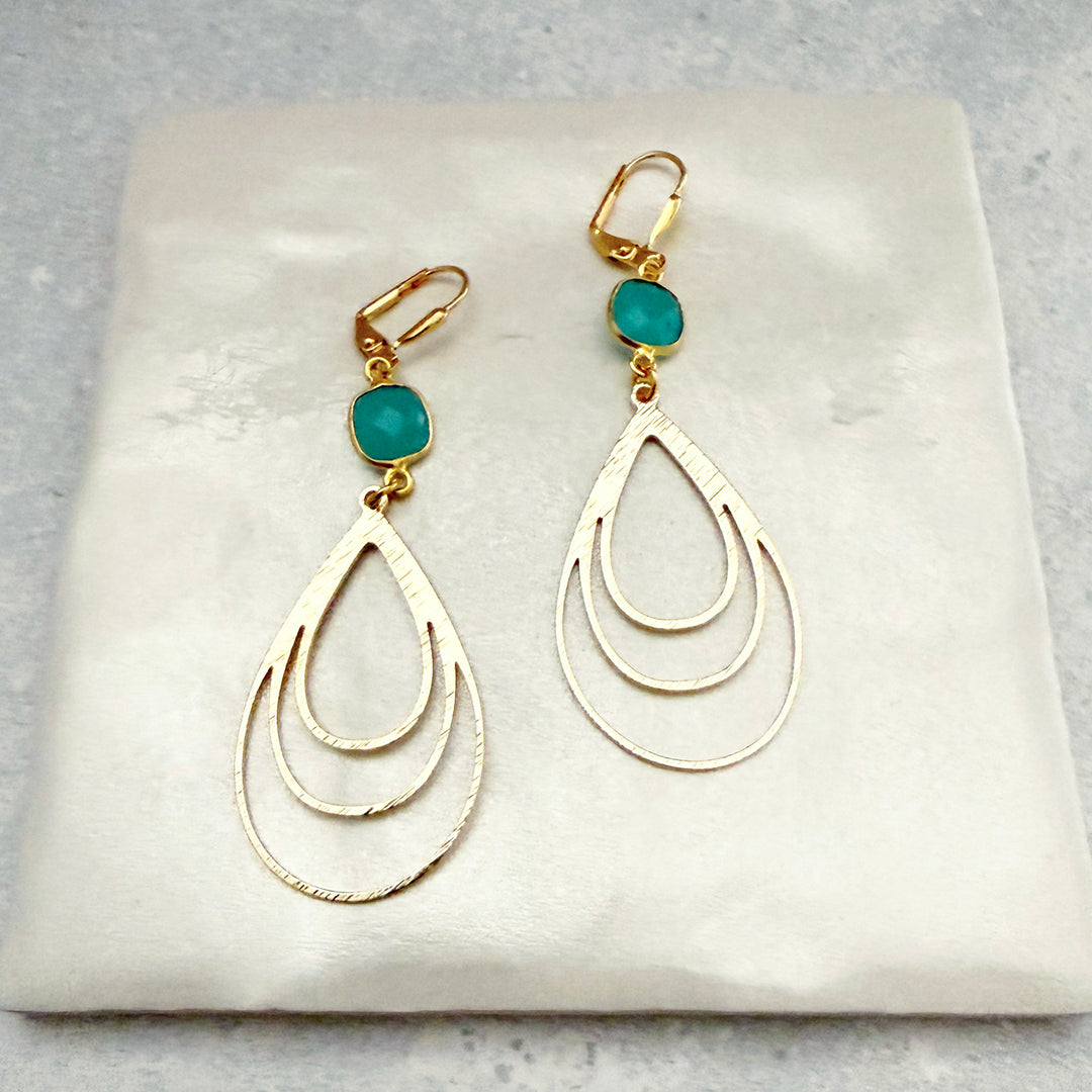Aqua Chalcedony Layered Teardrop Earrings in Brushed Gold