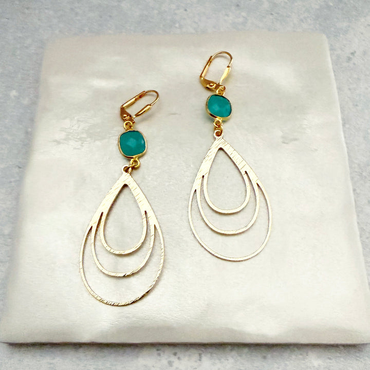 Aqua Chalcedony Layered Teardrop Earrings in Brushed Gold