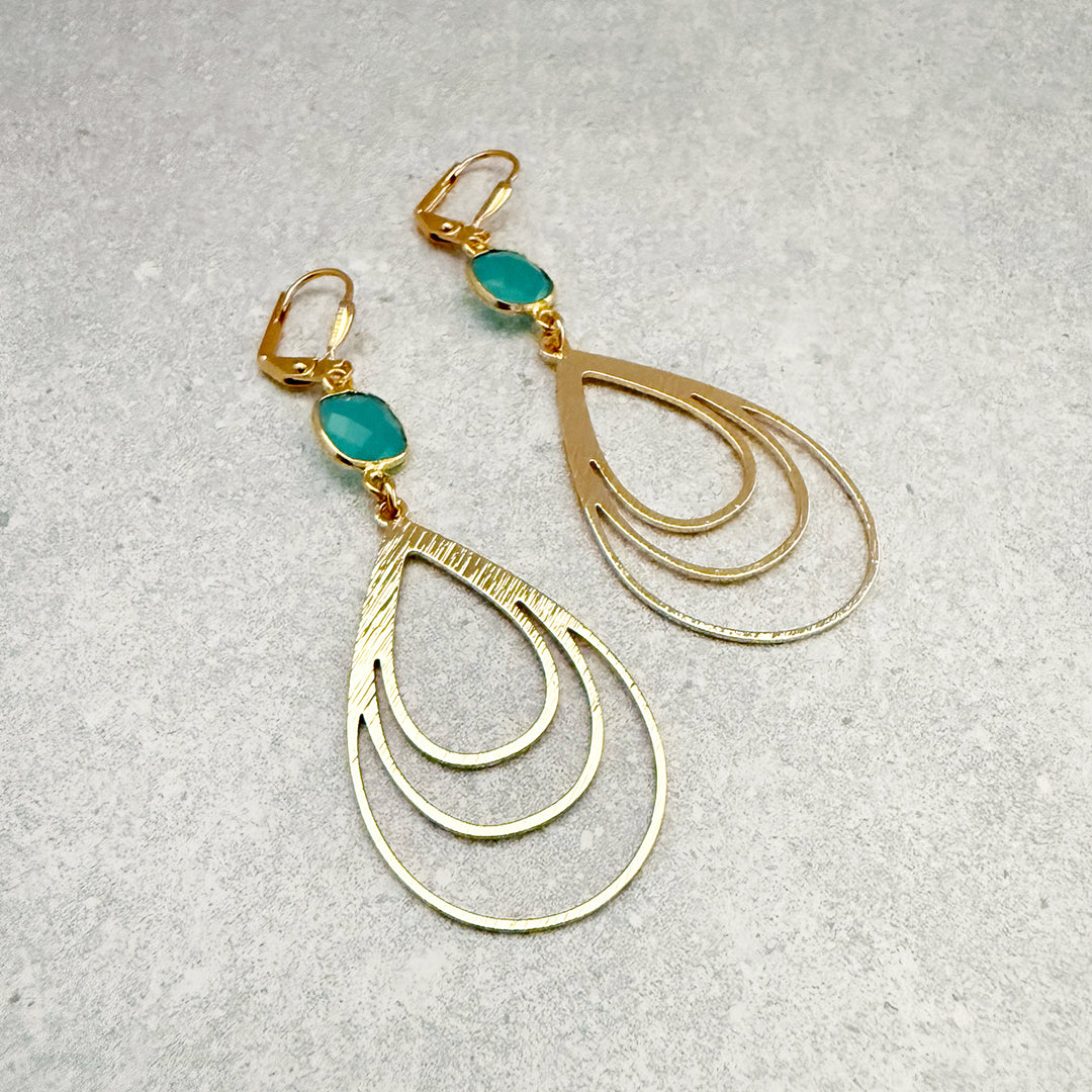 Aqua Chalcedony Layered Teardrop Earrings in Brushed Gold