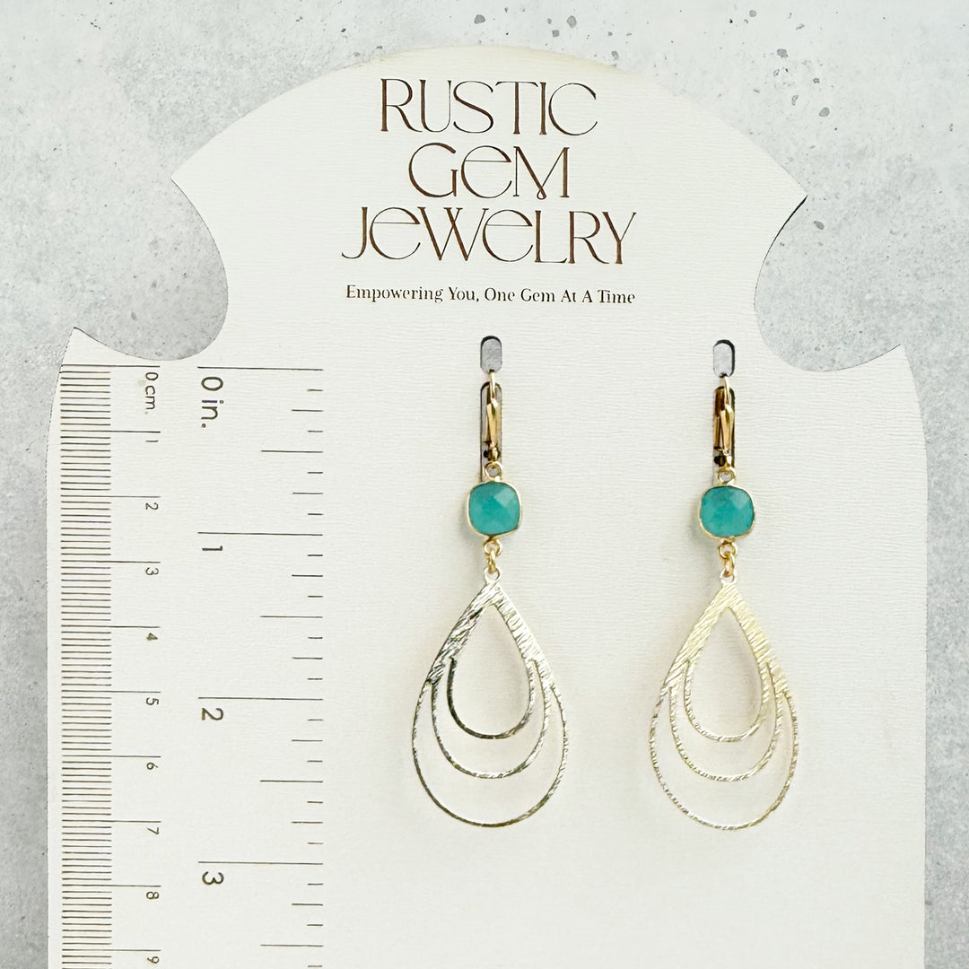 Aqua Chalcedony Layered Teardrop Earrings in Brushed Gold