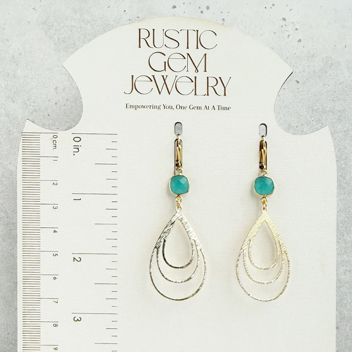 Aqua Chalcedony Layered Teardrop Earrings in Brushed Gold