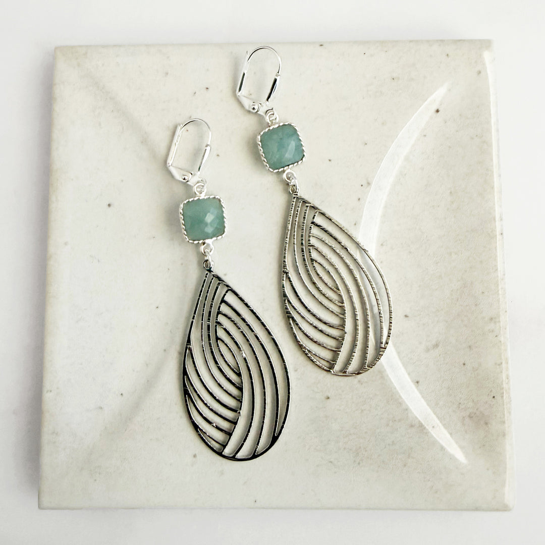 Aquamarine Swirl Teardrop Earrings in Brushed Silver