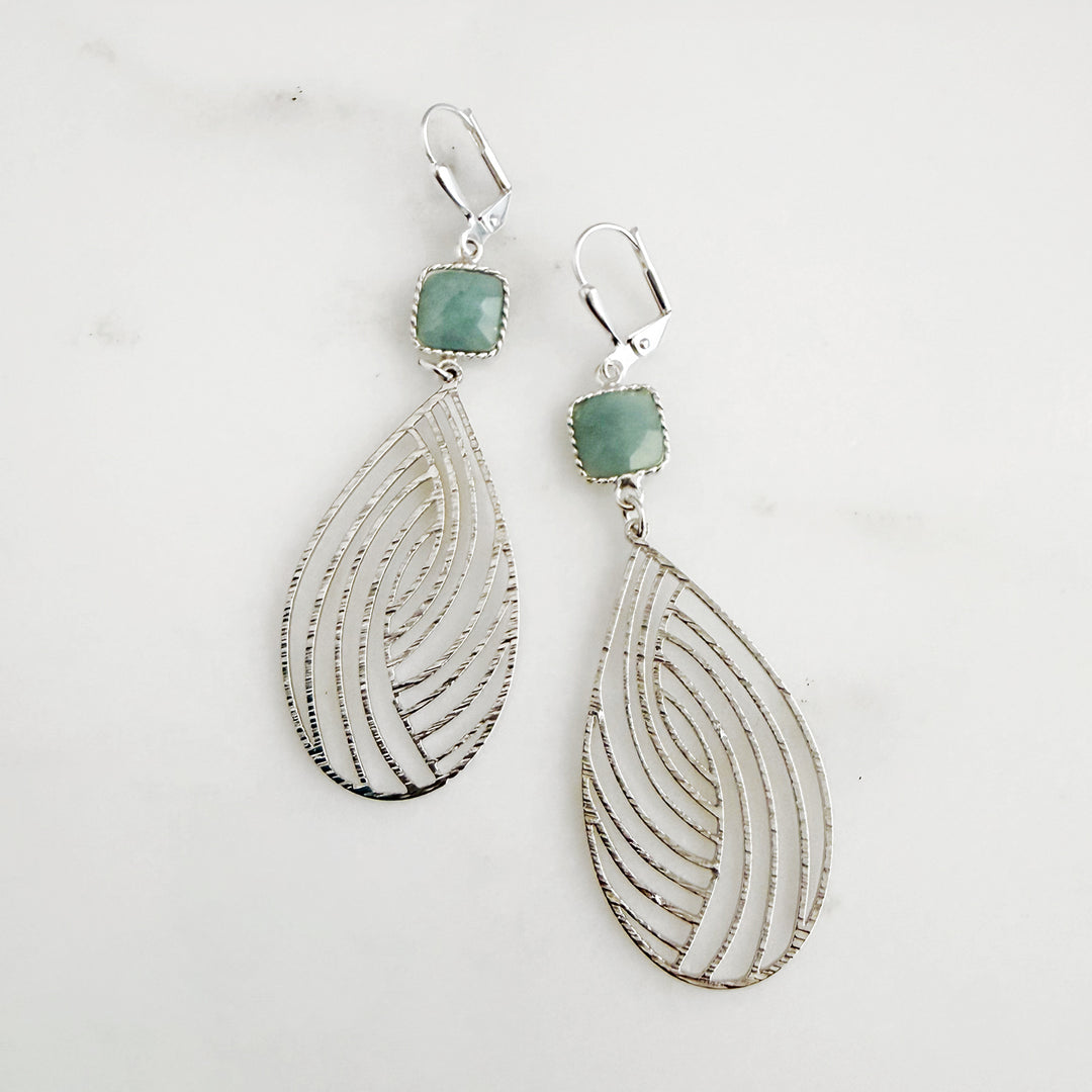 Aquamarine Swirl Teardrop Earrings in Brushed Silver