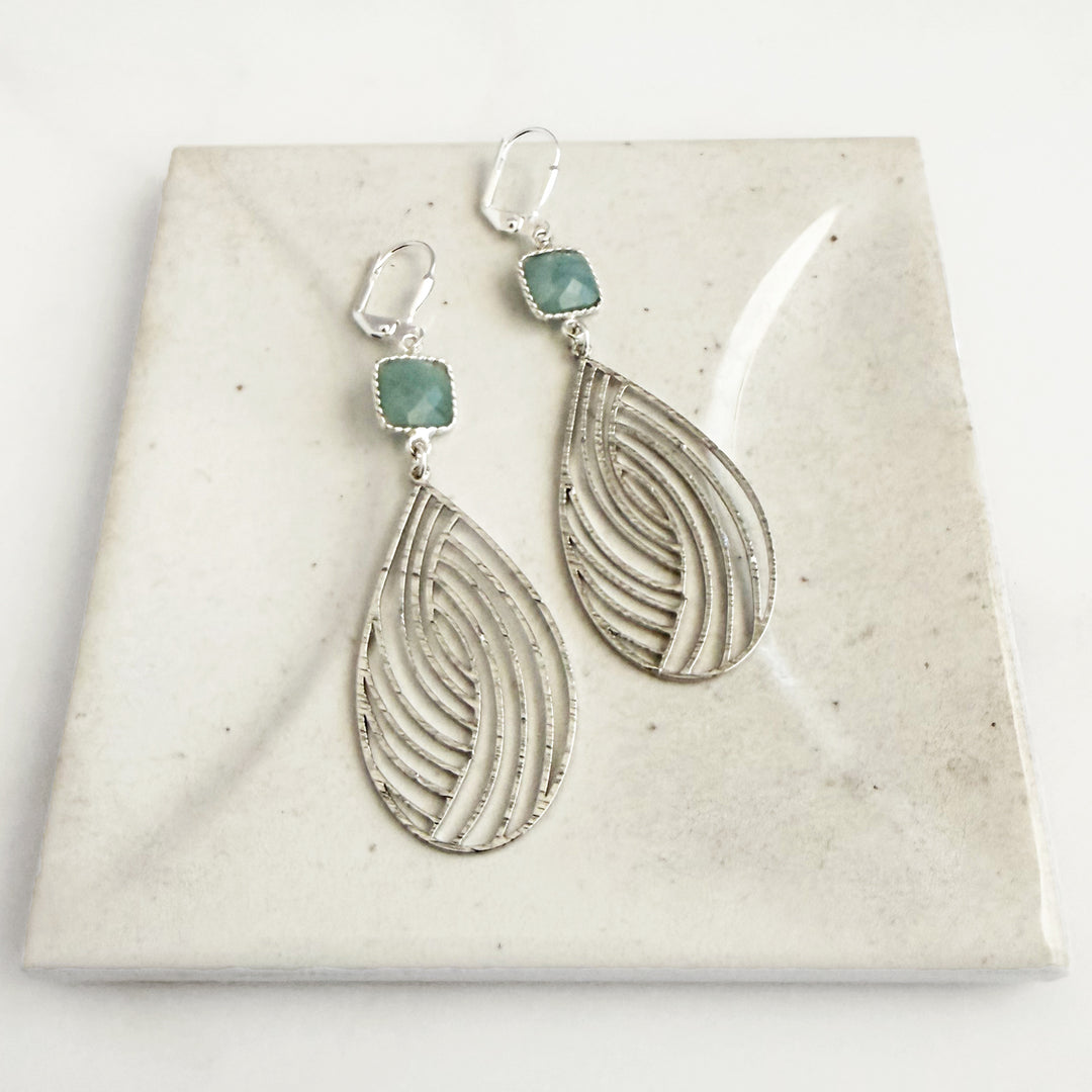 Aquamarine Swirl Teardrop Earrings in Brushed Silver