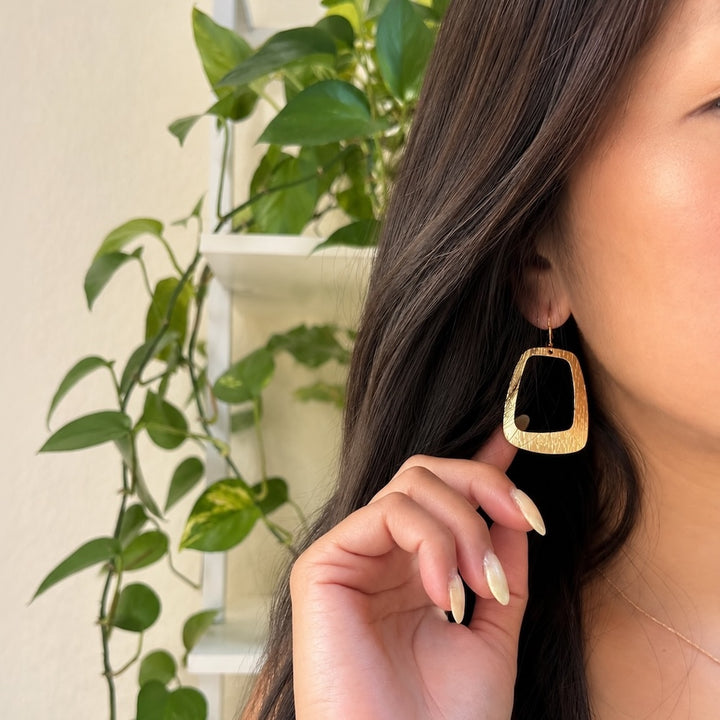 Asymmetrical Open Rectangle Earrings in Brushed Brass Gold