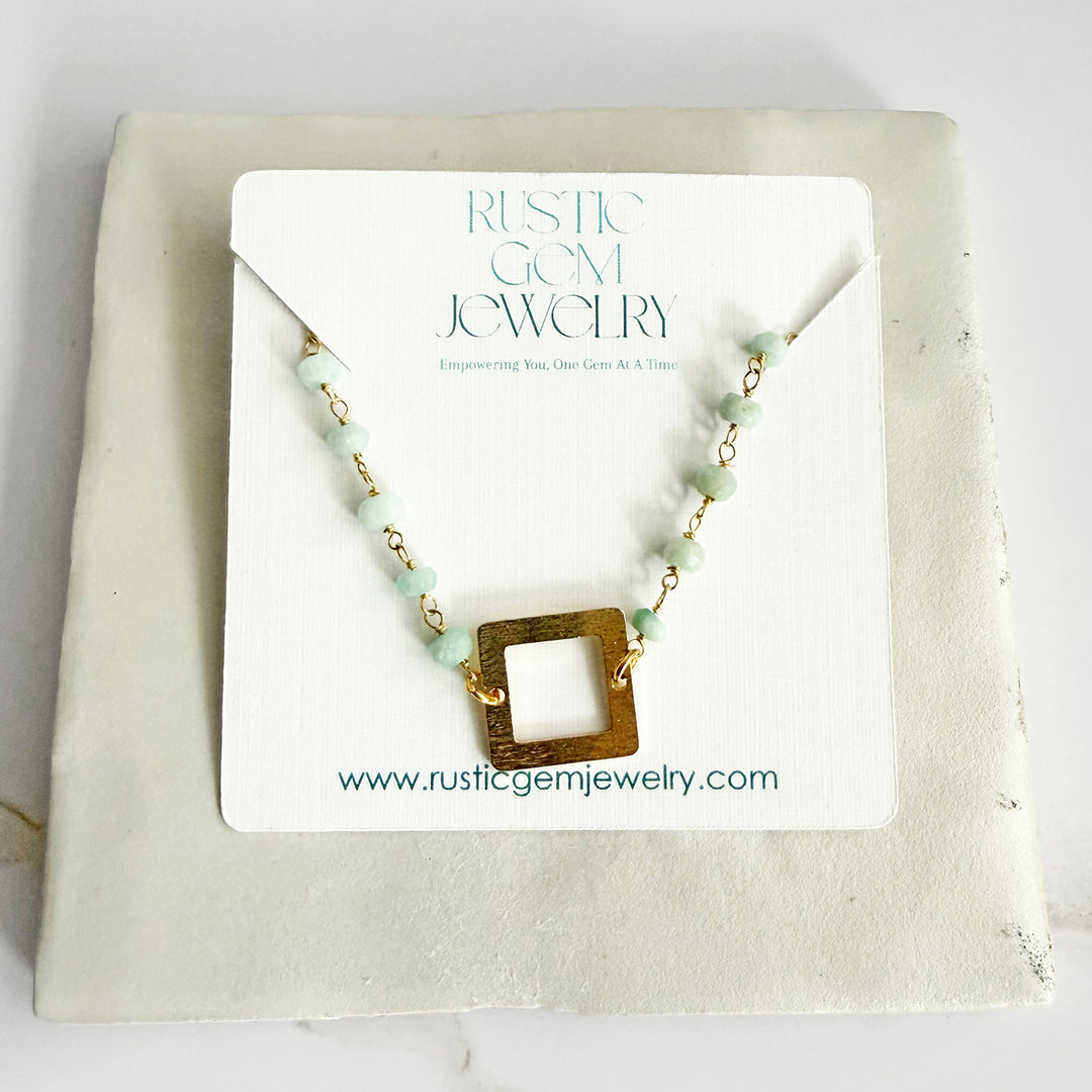 Amazonite Beaded Bracelet with Brushed Gold Square