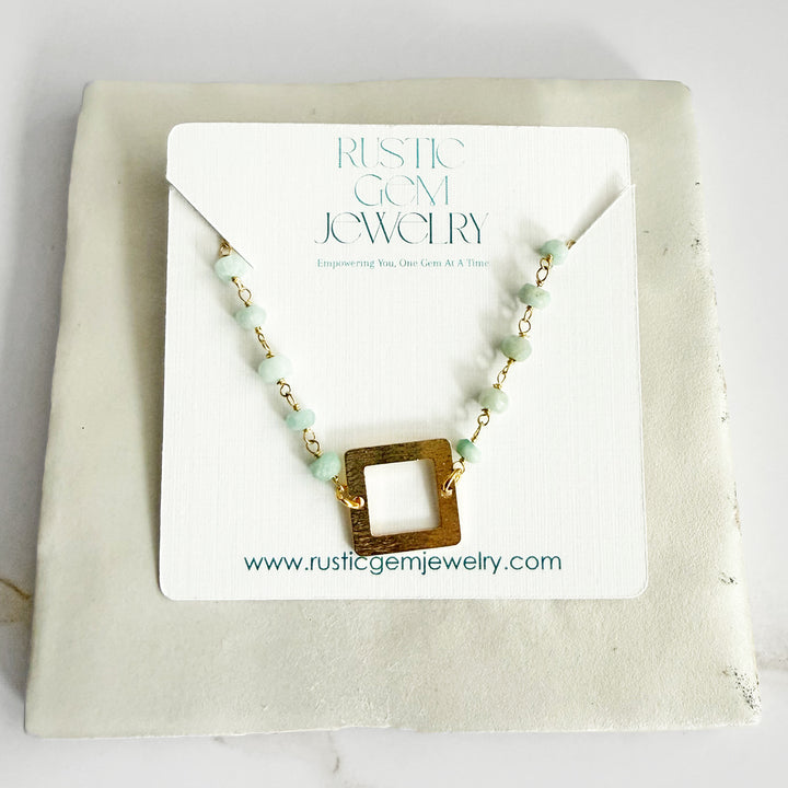 Amazonite Beaded Bracelet with Brushed Gold Square