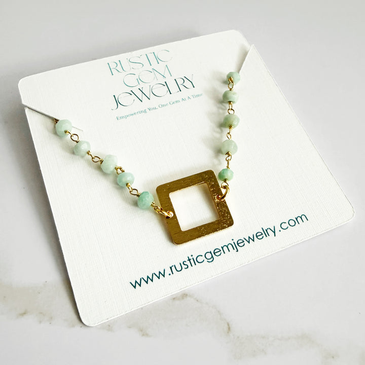 Amazonite Beaded Bracelet with Brushed Gold Square