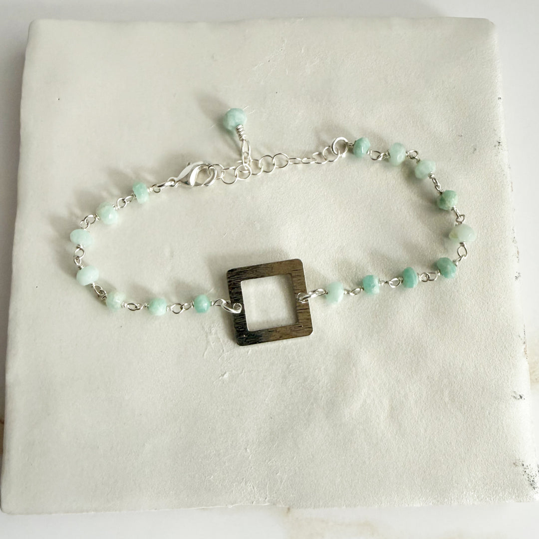 Amazonite Beaded Bracelet with Brushed Silver Square