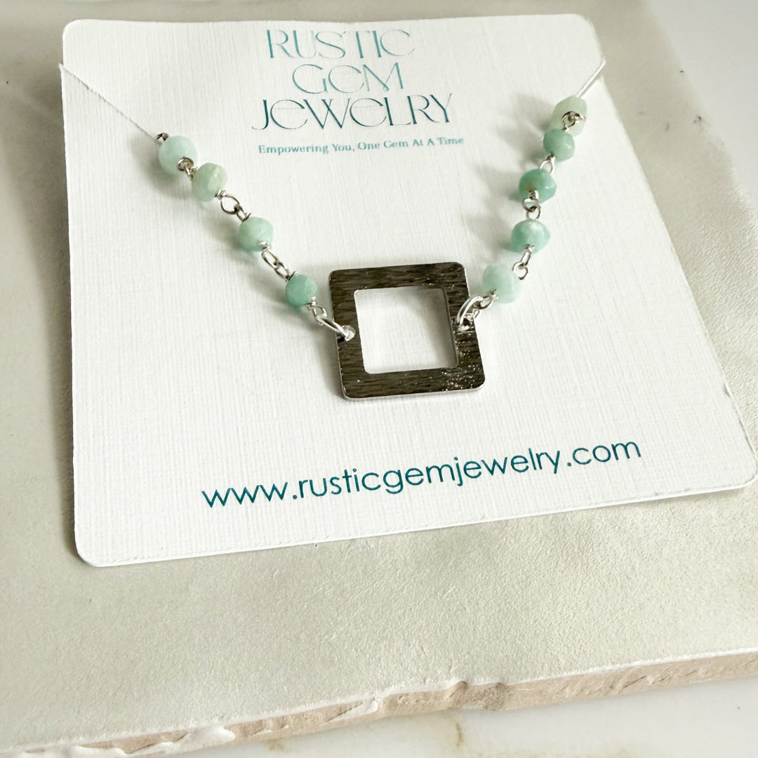 Amazonite Beaded Bracelet with Brushed Silver Square