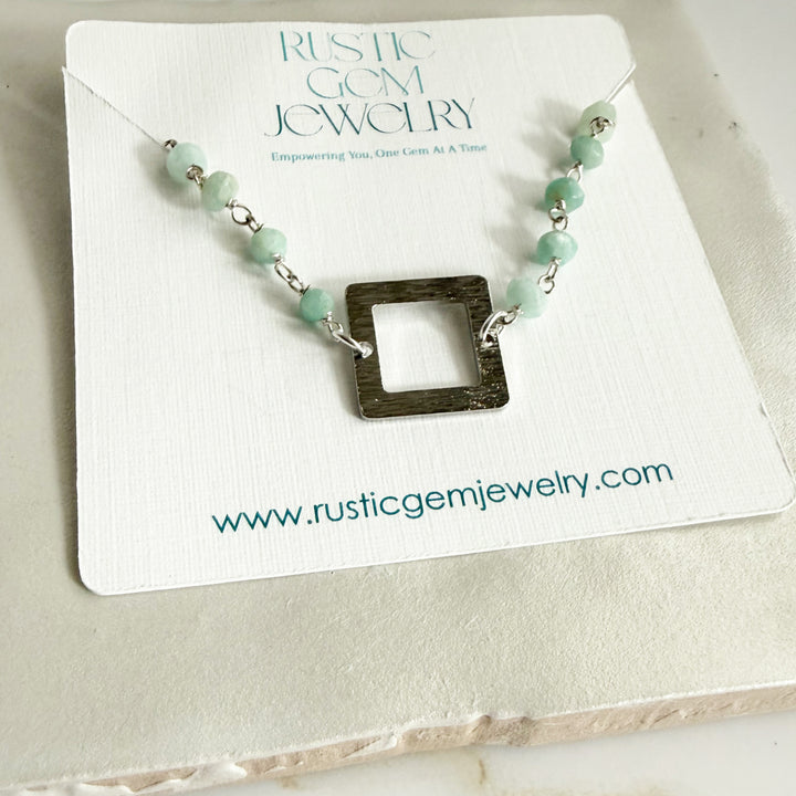 Amazonite Beaded Bracelet with Brushed Silver Square