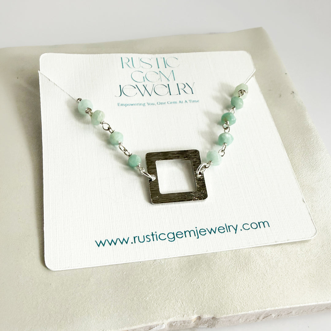 Amazonite Beaded Bracelet with Brushed Silver Square