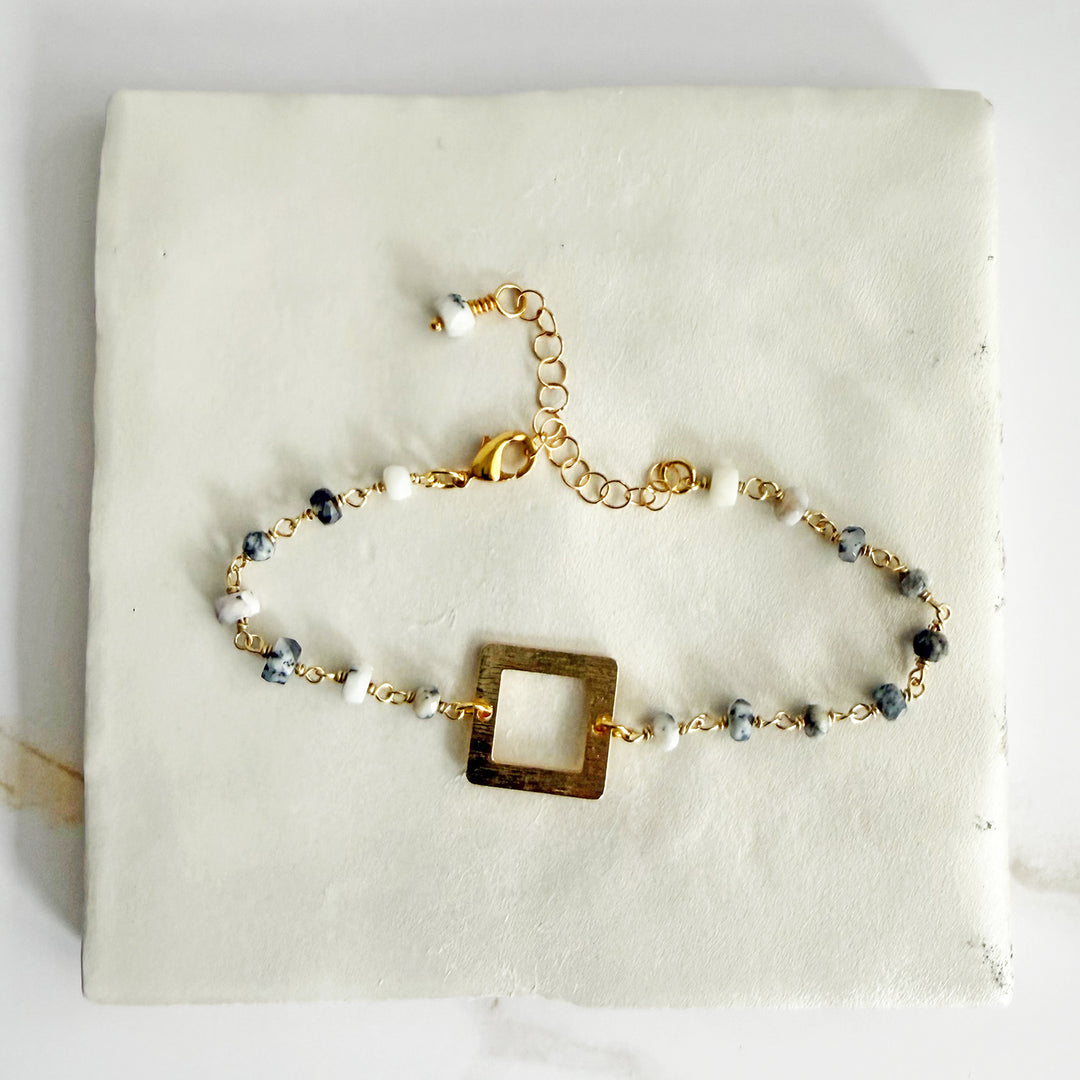 Dendrite Opal Beaded Bracelet with Brushed Gold Square