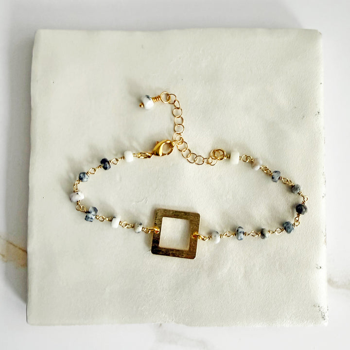 Dendrite Opal Beaded Bracelet with Brushed Gold Square