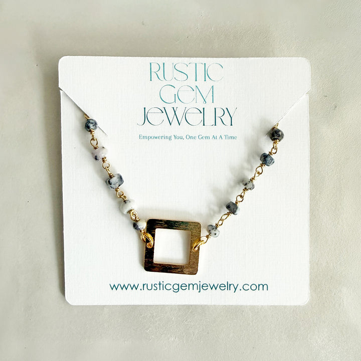 Dendrite Opal Beaded Bracelet with Brushed Gold Square