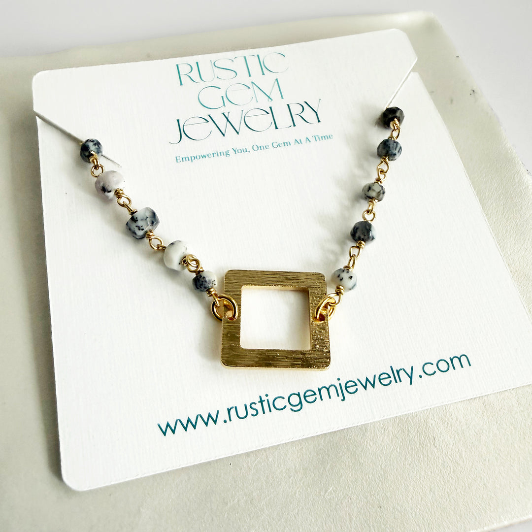 Dendrite Opal Beaded Bracelet with Brushed Gold Square