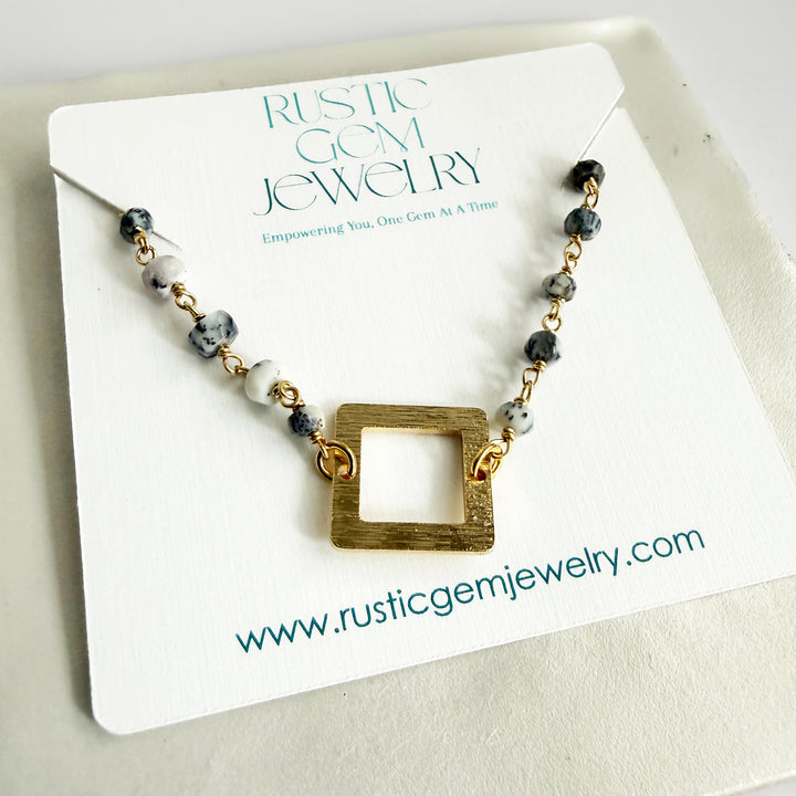 Dendrite Opal Beaded Bracelet with Brushed Gold Square