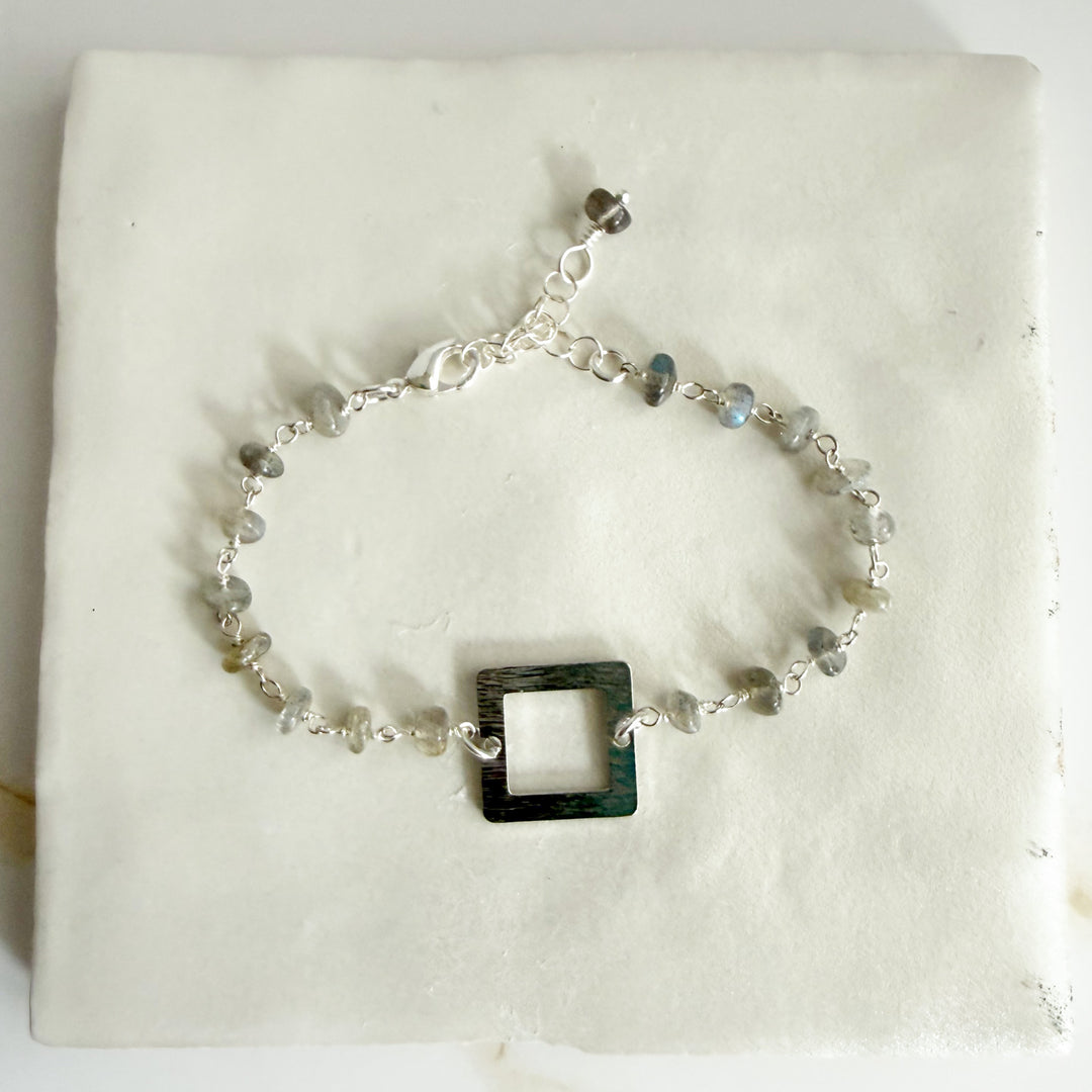 Labradorite Beaded Bracelet with Brushed Silver Square