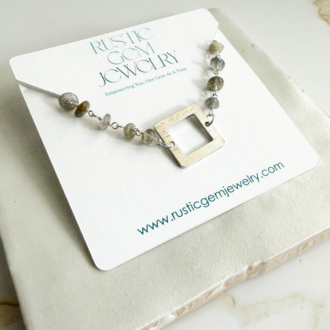 Labradorite Beaded Bracelet with Brushed Silver Square